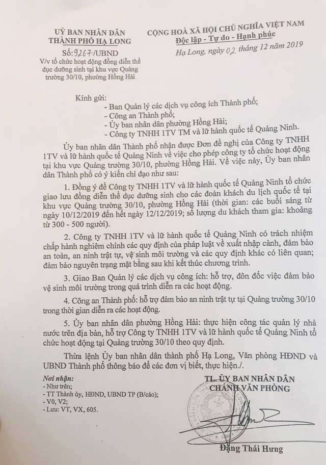 Văn bản UBND TP Hạ Long đã đồng ý và yêu cầu Công an thành phố Hạ Long, UBND phường Hồng Hải đảm bảo an ninh trật tự và quản lý nhà nước trên địa bàn.