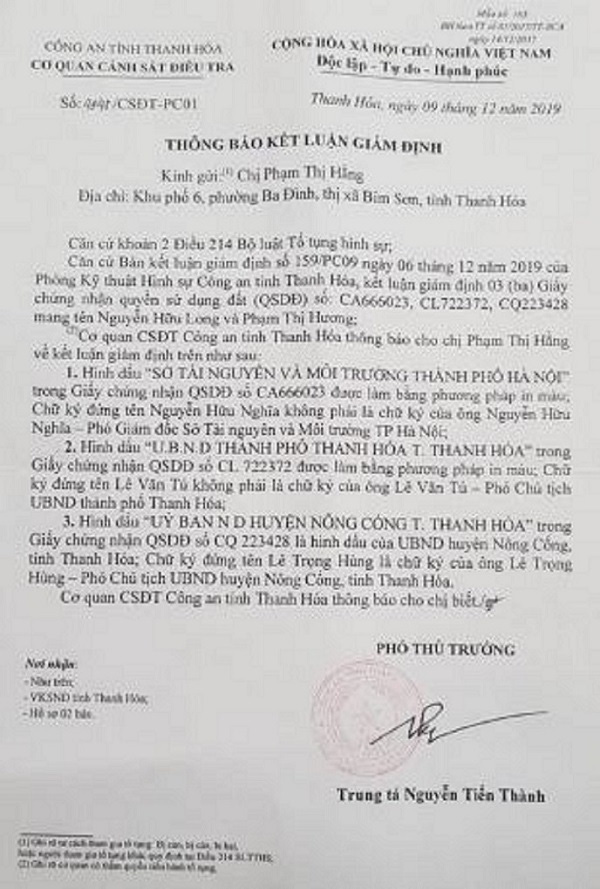 Cơ quan Cảnh sát điều tra Công an tỉnh Thanh Hóa giám định sổ đó Hương thế chấp trả nợ là sổ giả