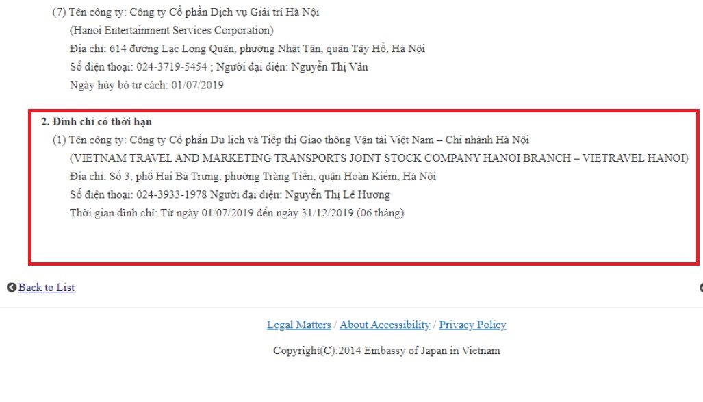 Chi nhánh Hà Nội của Vietravel bị tạm đình chỉ cấp visa đoàn cho du khách đi tour từ 1/7/2019 đến 31/12/2019. 
