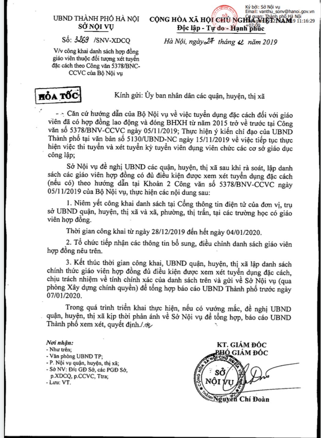 Sở Nội vụ đề nghị công khai danh sách giáo viên hợp đồng đủ điều kiện xét tuyển đặc cách trên cổng thông tin điện tử đến hết ngày 4/1.