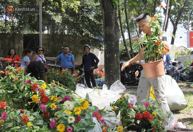 Không khí tại công viên rất hỗn độn khi nhiều người chen nhau đến mua hoa rẻ.