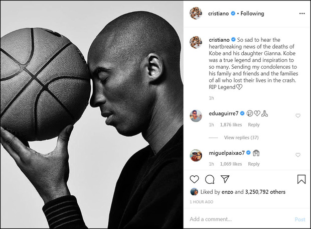 Trước thông tin huyền thoại bóng rổ Kobe Bryant thiệt mạng trong vụ rơi trực thăng thảm khốc sáng 26/1 (giờ địa phương) tại thành phố Calabasas, California, Cristiano Ronaldo chia sẻ: