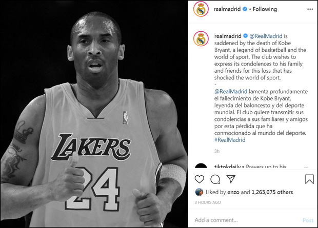 ... hay Real Madrid cũng đều post lên mạng xã hội những lời chia buồn đến gia đình 