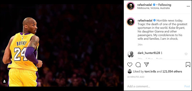 Không chỉ làng bóng đá, các ngôi sao ở những môn thể thao khác cũng đều bày tỏ sự tiếc thương. Đang bận tham dự Australian Open nhưng Rafael Nadal tỏ ra rất sốc trước vụ rơi máy bay thương tâm khiến huyền thoại bóng rổ cùng 8 người khác thiệt mạng.