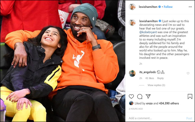 ĐKVĐ F1 Lewis Hamilton cũng gửi lời chia buồn sâu sắc nhất đến gia đình Kobe và các nạn nhân.