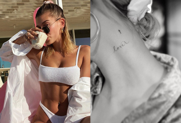 Vị trí sau tai cũng là nơi xăm yêu thích của nhiều tín đồ tattoo, trong đó có cả Hailey Bieber. Bà xã Justin có đến hai hình xăm be bé gần nhau, một là hình thánh giá và hai là dòng chữ 