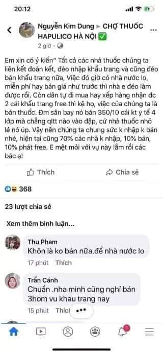 Tài khoản facebook kêu gọi các nhà thuốc không nhập, bán khẩu trang đang bị cơ quan công an điều tra. Ảnh: TL
