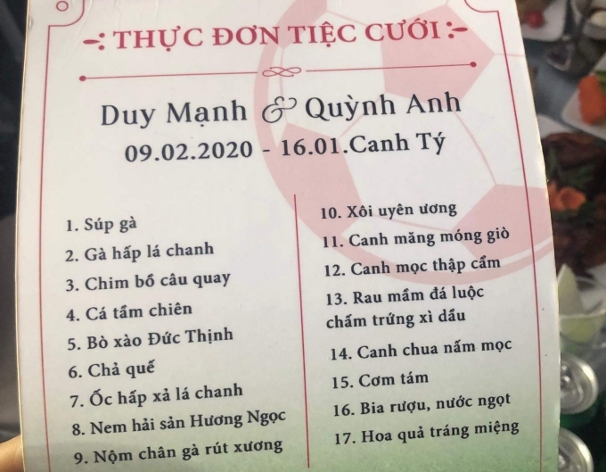 Tiệc cưới gồm 17 món trong đám cưới của Duy Mạnh trưa này 9/2.