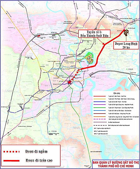 Lộ trình tuyến Metro Số 1, đoạn đi ngầm (đường màu đỏ đứt đoạn dài 2,6 km). Ảnh: MAUR