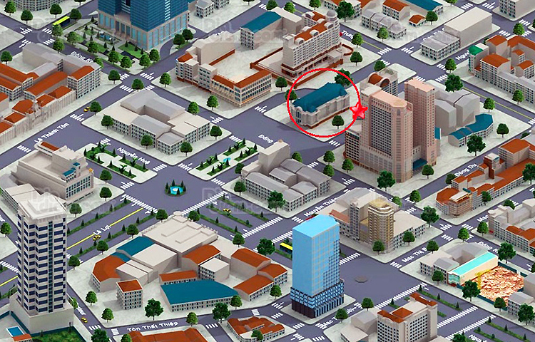 Đoạn tường vây được phá dỡ nằm dưới Nhà hát thành phố (vòng tròn đỏ), nối 2 đoạn ngầm: Nhà hát - Ba Son và Nhà hát - Bến Thành. Ảnh: Diadiem.com