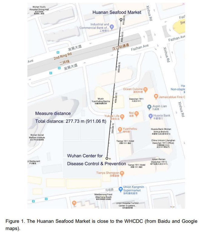 Bản đồ cho thấy khoảng cách giữa chợ hải sản Hoa Nam và trung tâm phòng chống dịch bệnh Vũ Hán