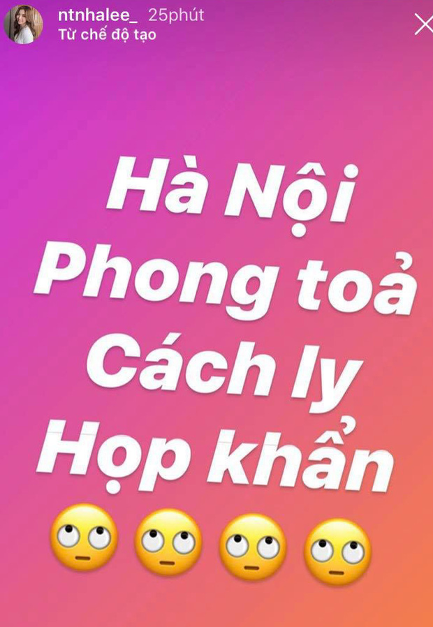 Ngay khi Hà Nội họp khẩn vào 22h đêm về dịch Covid-19, Nhật Lê - bạn gái Quang Hải liền thể hiện sự hoang mang. Cô nàng đăng story với các cụm từ khoá hot về dịch bệnh như 