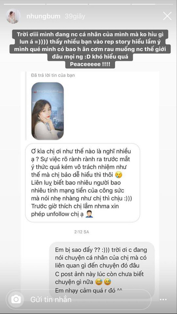 Điều này khiến Nhung Bum bị fan ném đá khi cho rằng cô đang bảo vệ nữ bệnh nhân thứ 17 có cùng tên. Tuy nhiên, bạn gái Văn Toàn đã lập tức đính chính rằng mình chỉ đang chia sẻ chuyện cá nhân chứ không liên quan gì đến chuyện dịch bệnh.