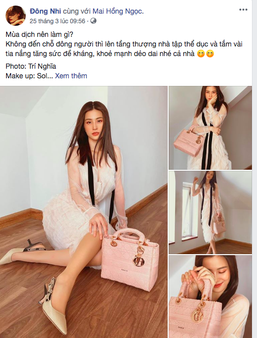 Ở nhà nghỉ dịch thì làm gì? Đông Nhi lên tầng thượng tận hưởng chút nắng chớm hè. Hôm thì tập thể dục, hôm thì tắm nắng, riêng hôm vừa rồi lên đồ rõ đẹp, xách túi Dior, chân đi cao gót Dior sang xịn ra trò, nhưng lại chụp ảnh sống ảo rồi thôi.