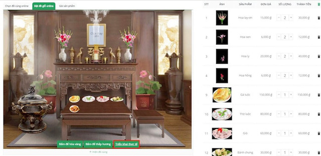 Giao diện dịch vụ tảo mộ online, sắp mâm cỗ ảo và nếu muốn biến ảo thành thật người dân đặt và chuyển tiền.