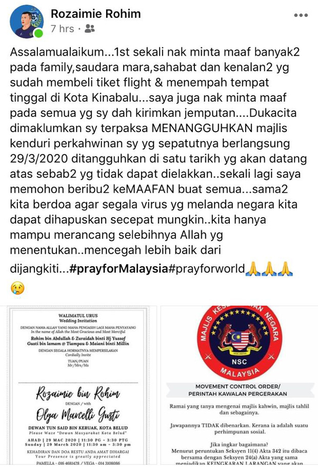 Rozaimie Rohim viết thư xin lỗi vì phải hoãn đám cưới lên trang Facebook cá nhân.