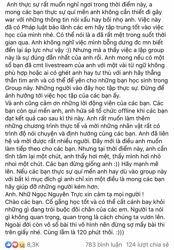 Anh chàng buộc phải tạm dừng việc dạy trước sức ép quá lớn của dân mạng. (Ảnh chụp màn hình)