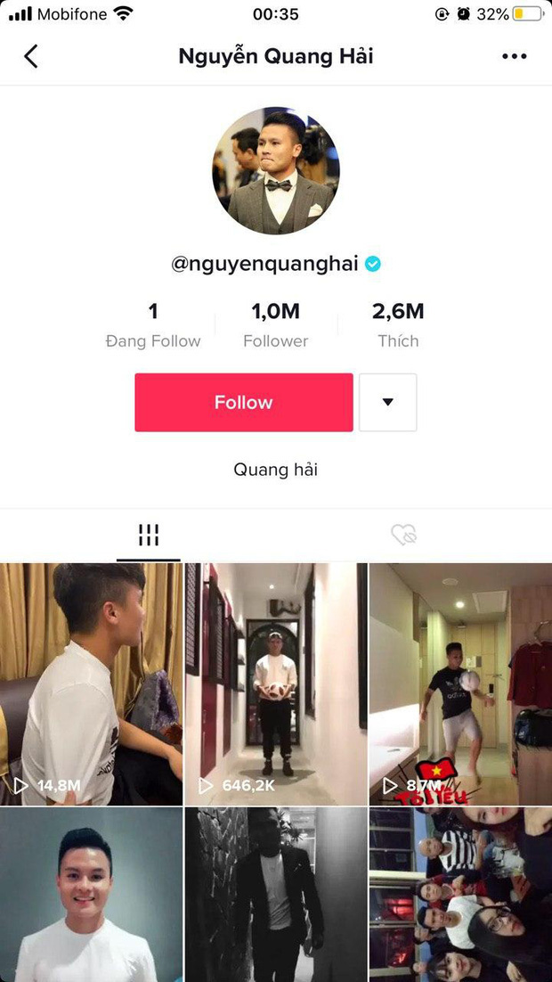 Đây là trang Tiktok chính thức của Quang Hải với dấu tích xanh.
