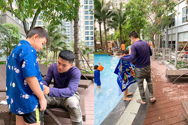 Ông xã Lê Phương chăm sóc con trai riêng của vợ