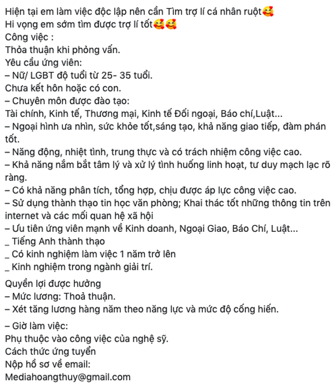 11 yêu cầu tuyển trợ lý cá nhân của Hoàng Thùy đã gây nên khá nhiều tranh cãi.