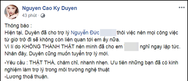 Dòng trạng thái tố trợ lý cũ thiếu thành thật đã khiến Kỳ Duyên vướng phải không ít ý kiến trái chiều.