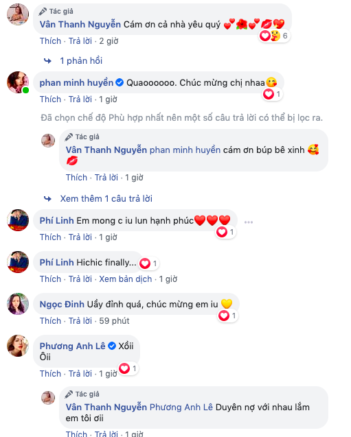 Đông đảo bạn bè nghệ sĩ như Huyền Lizzie, Phanh Lee, MC Phí Linh... liên tục gửi lời chúc phúc tới cô nàng.