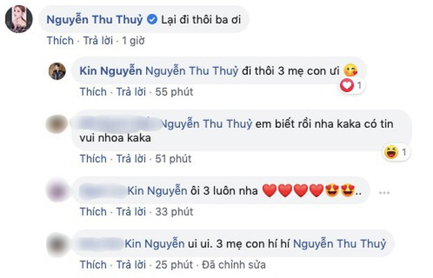 Trước đó, Kin Nguyễn cũng vô tình để lộ thông tin Thu Thuỷ đang mang thai con thứ hai khi trả lời bình luận của nữ ca sĩ trên mạng xã hội.
