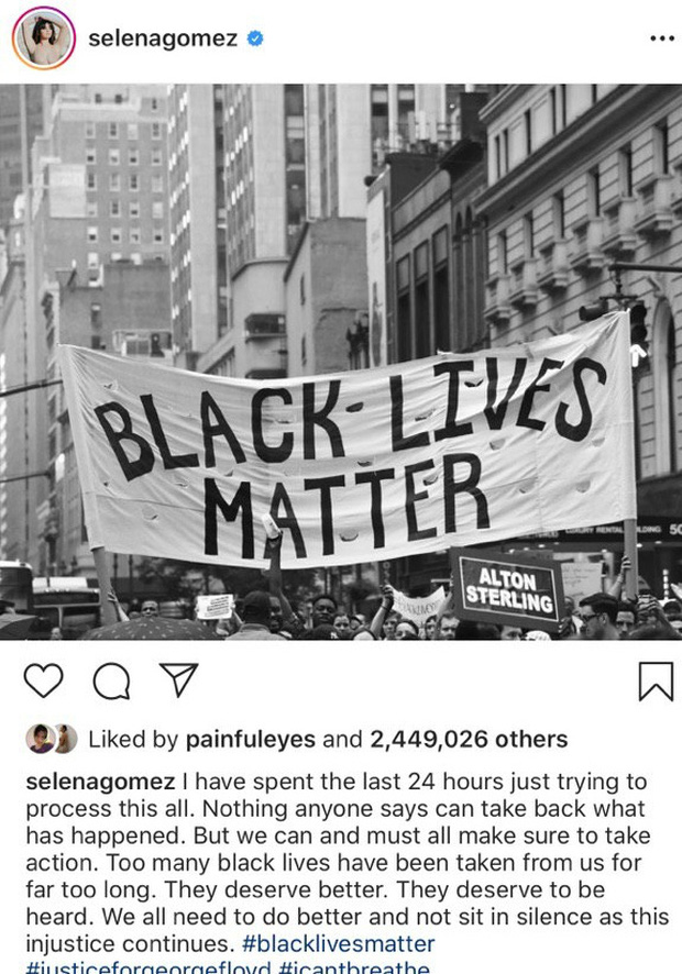 Selena Gomez kêu gọi mọi người hãy cùng hành động vì một cộng đồng người da màu có cuộc sống bình đẳng, tốt đẹp hơn