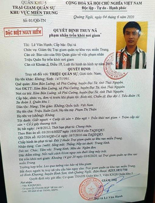 Quyết định truy nã phạm nhân Triệu Quân Sự