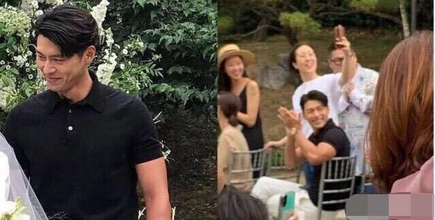 Hình ảnh Hyun Bin và trợ lý của Song Hye Kyo (áo trắng đeo kính) ngồi cạnh nhau trong đám cưới 1 người bạn chung