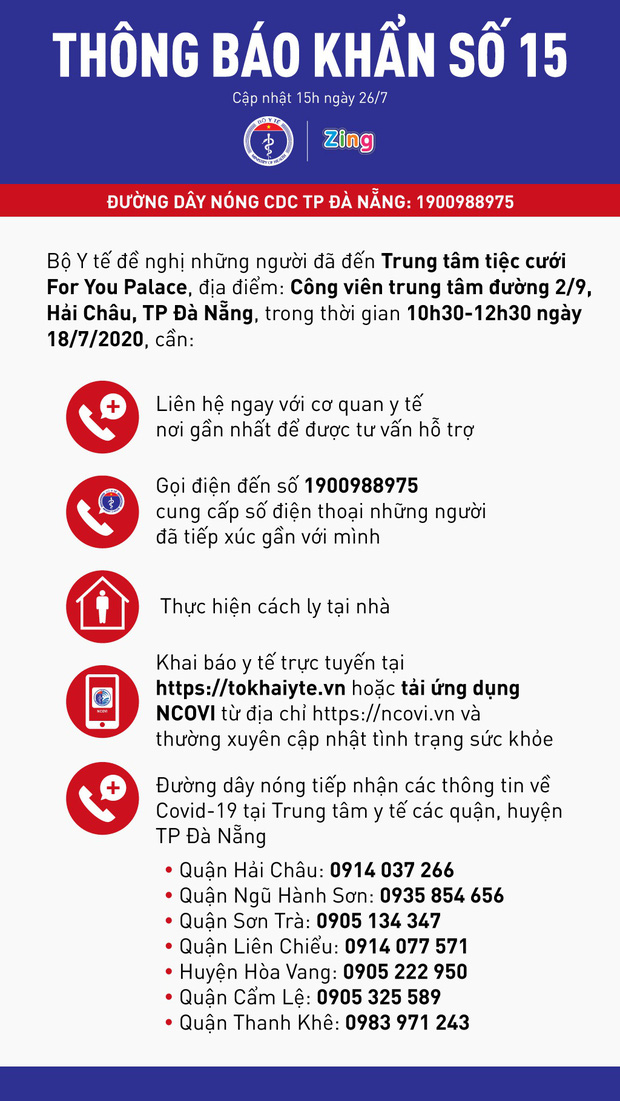 Thông báo khẩn của Bộ Y tế tìm kiếm những người liên quan bệnh nhân 416, chiều 26/7. Ảnh: Bộ Y tế.