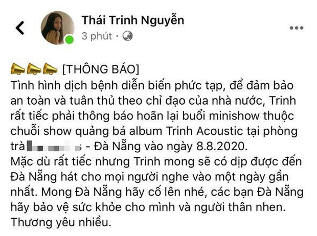 Thái Trinh thông báo hủy show để đảm bảo an toàn cho khán giả