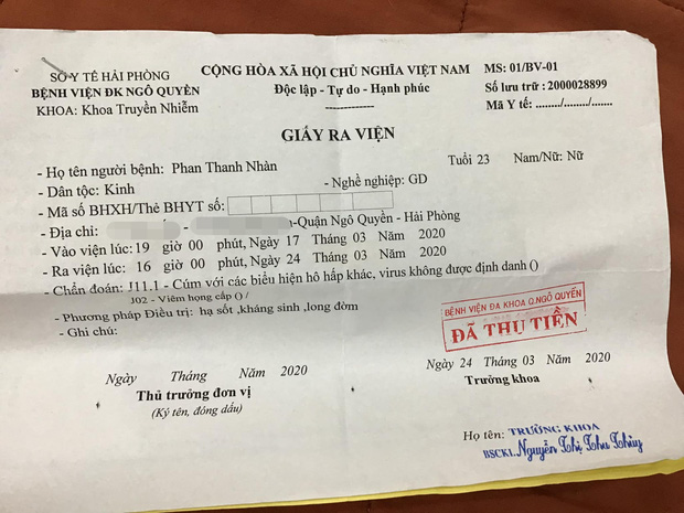 Giấy ra viện của Phan Thanh Nhàn.