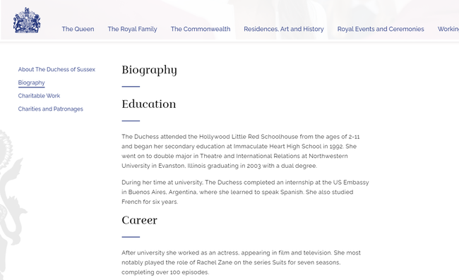 Phần tiểu sử của Meghan hiện không còn trên trang web chính thức của hoàng gia Anh.