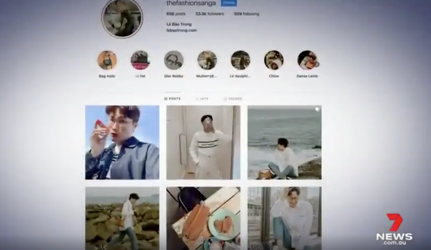 7NEWS chỉ đích danh tài khoản Instagram với hơn 53.000 người theo dõi của Lê Bảo Trung. Tài khoản này hiện không còn tồn tại. (Ảnh chụp từ bản tin của 7NEWS Sydney)