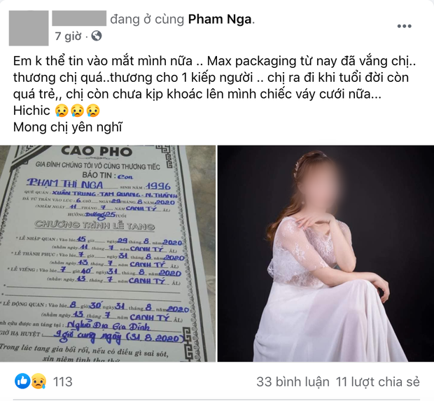 Bạn bè nạn nhân tiếc thương trước sự ra đi của Nga. Ảnh: FB