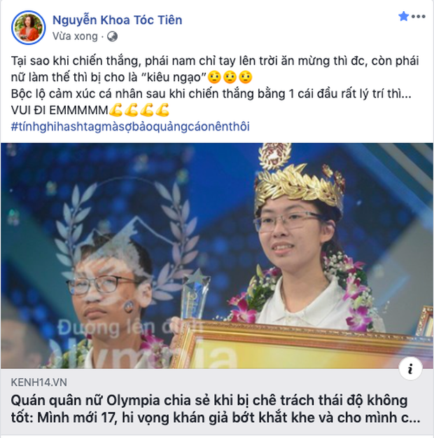 Tóc Tiên lên tiếng bênh vực Quán quân nữ Olympia sau khi cô bạn bị chê trách thái độ không tốt