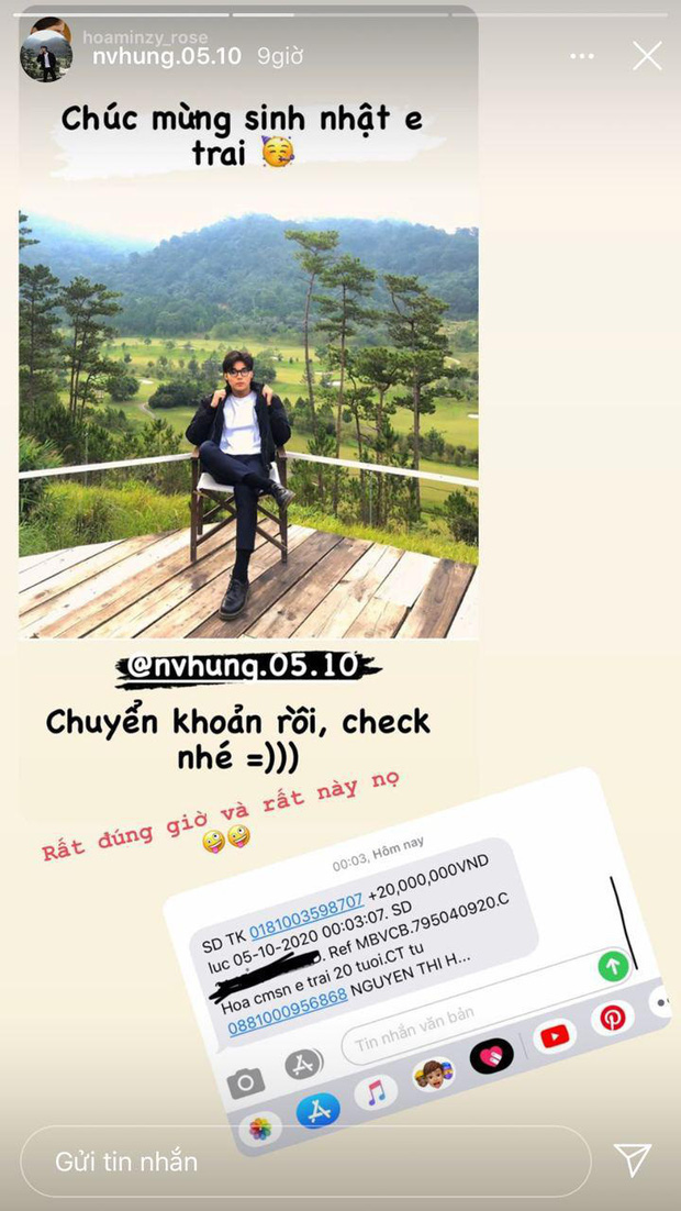 Hoà Minzy chuyển nóng 20 triệu mừng sinh nhật em trai