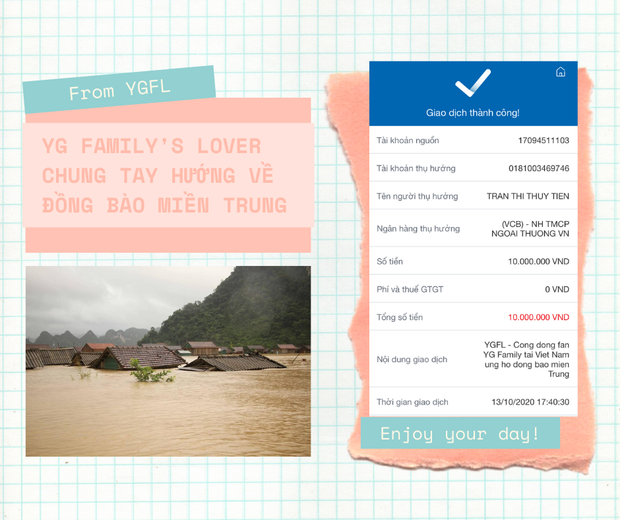 YG FAMILY'S LOVER chung tay hướng về đồng bào miền Trung với số tiền 10 triệu đồng