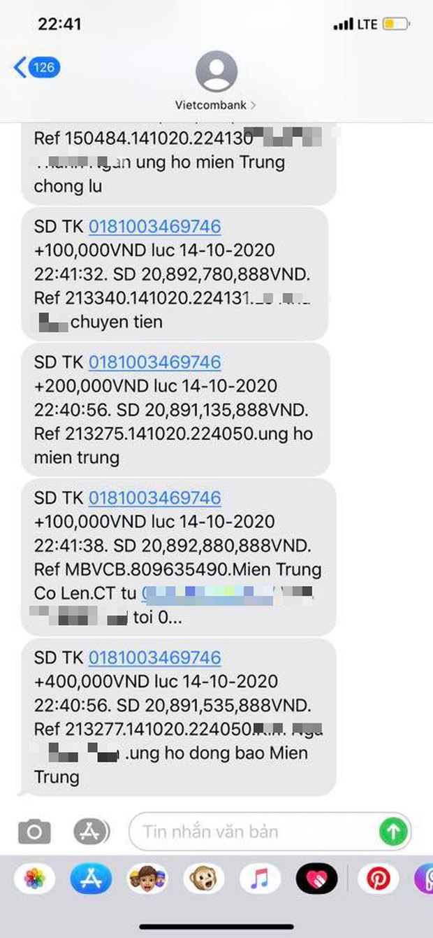 Thuỷ Tiên cho biết đến hiện tại đã nhận được 22 tỷ từ các mạnh thường quân, tuy nhiên cô đã chi trả trước tiền hàng hóa nên con số trong tin nhắn chỉ hiện số còn lại là 20 tỷ