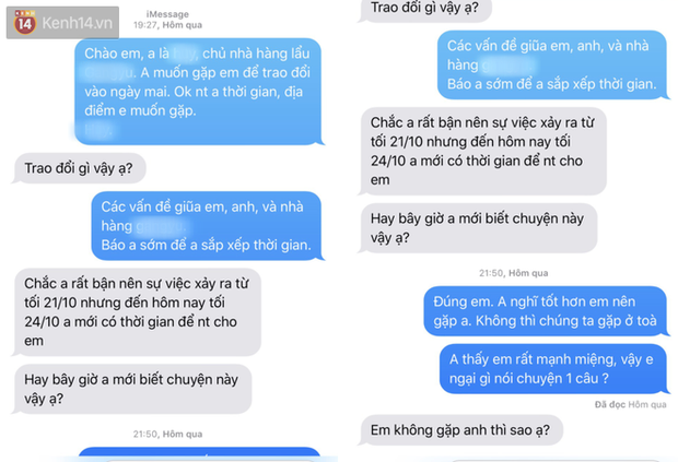 Đoạn tin nhắn được phía nhà hàng tung ra, cho rằng thực khách không đồng ý gặp mặt