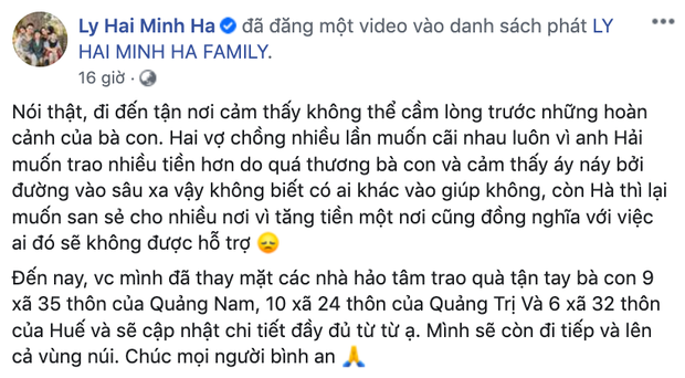 Minh Hà tiết lộ 2 vợ chồng cô từng muốn cãi nhau về chuyện tặng tiền khi đi cứu trợ cho bà con miền Trung