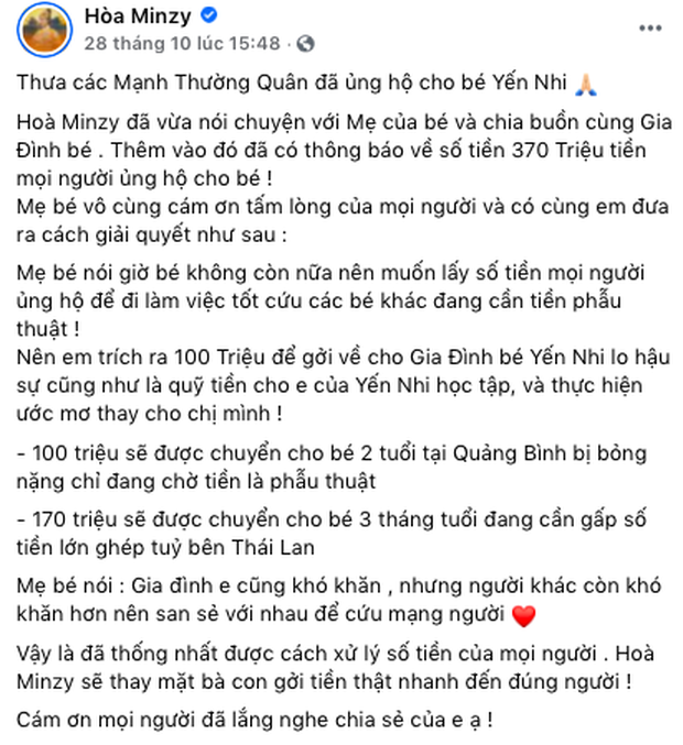 Sau khi bé gái qua đời, Hoà Minzy đã công khai phương án sử dụng số tiền dư 1 cách minh bạch trên MXH