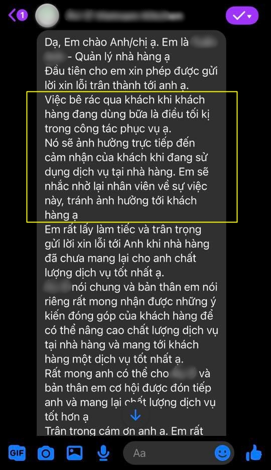 Tin nhắn xin lỗi từ phía quản lý nhà hàng được vị khách nam đăng tải lên MXH cho mọi người cùng bàn luận.