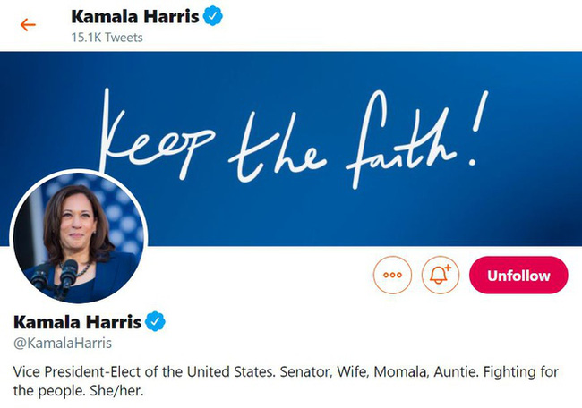 Thông tin trên tài khoản Twitter của bà Kamala Harris đã thay đổi sau thông tin ông Joe Biden chiến thắng.