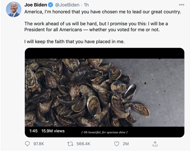 Lời cảm ơn ngay lập tức được gửi đến công chúng sau khi ông Biden nhận tin chiến thắng