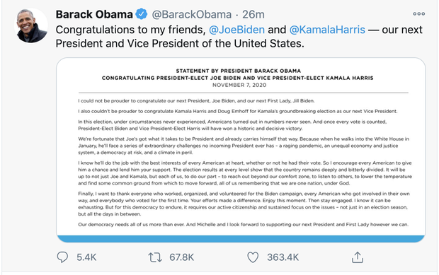 Ông Obama cũng nhanh chóng chúc mừng chiến thắng của ông Biden