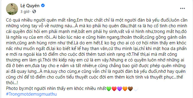 Lệ Quyên bất ngờ đăng tải dòng trạng thái trách móc ai kia bắt cô phải hi sinh quá nhiều