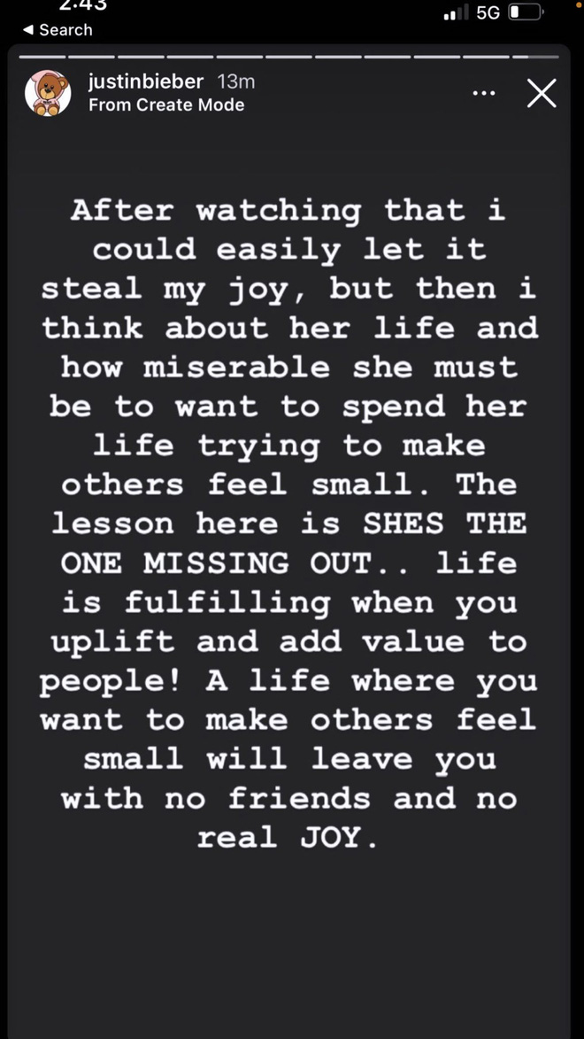 2 story thể hiện sự bức xúc của Justin Bieber