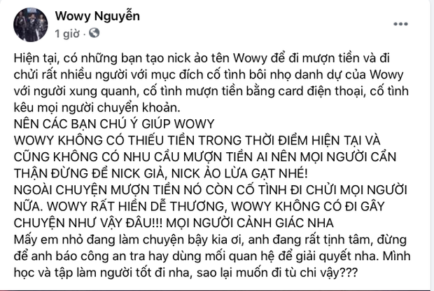 Wowy lên tiếng cảnh cáo, sẽ báo Công An nếu kẻ mạo danh tiếp tục có những hành động ảnh hưởng danh dự của anh